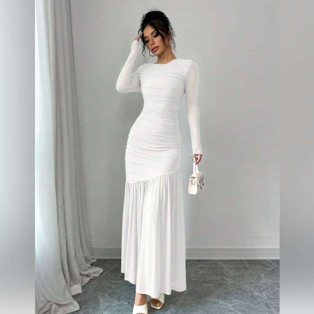 Elegant White Ruched Long-Sleeve Maxi Dress
